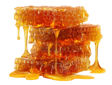 Honeycombs with dripping honey isolated on transparent background
