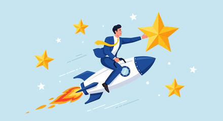 Businessman Reaching for Success Rocket to the Stars Illustration