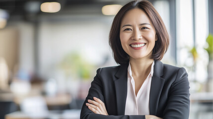 Confident Asian professional smiling warmly, embodying success and approachability in modern workplace