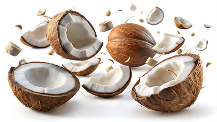 Artistic arrangement of fresh coconuts with slices floating on a white background