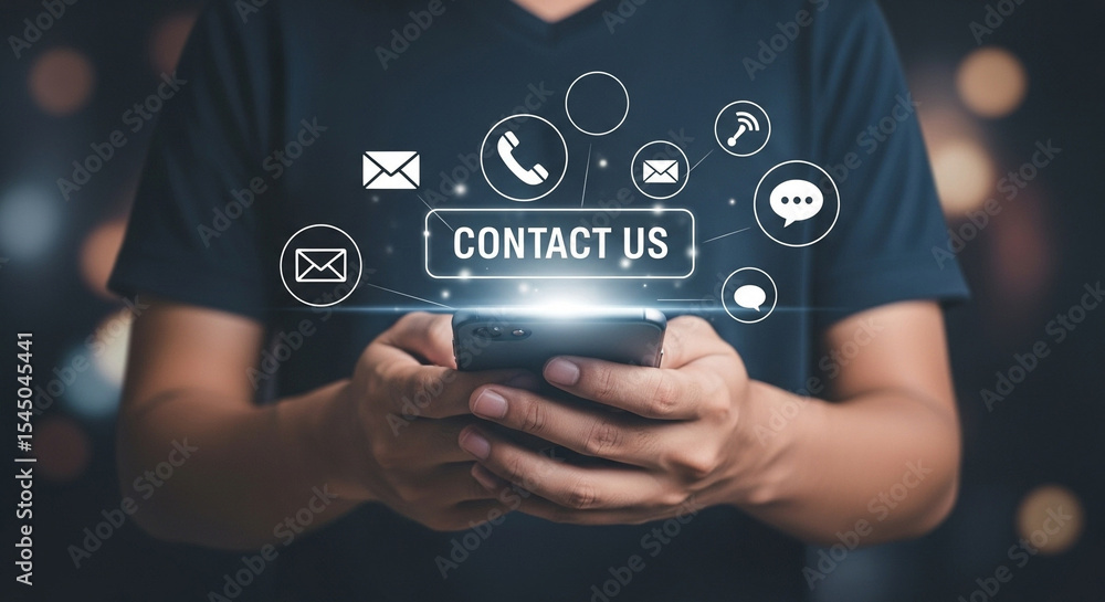 Aufkleber person holding smartphone with contact us message and communication icons floating above device