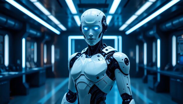A sleek white android stands in a futuristic corridor embodying advanced artificial intelligence and technological innovation
