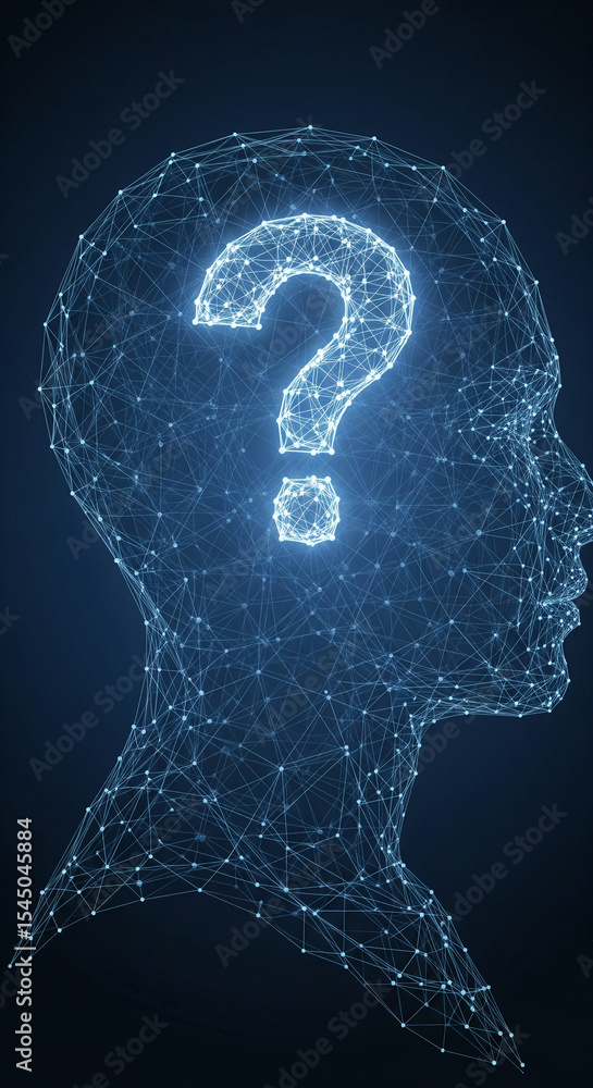Poster abstract head profile formed by interconnected nodes, showcasing a luminous question mark inside, sy