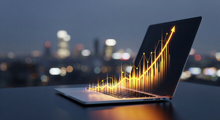 Laptop showcasing upward trending graph, symbolizing growth and success in business, against a blurred city lights background