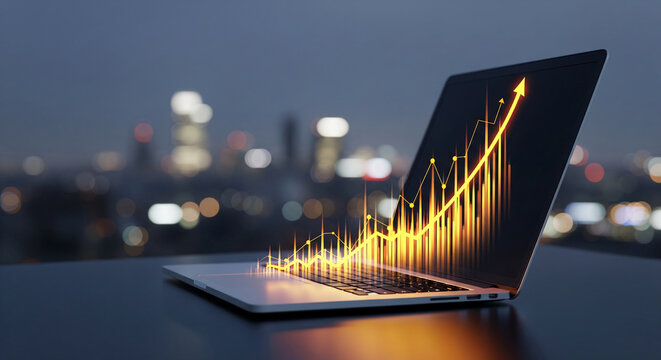 Laptop showcasing upward trending graph, symbolizing growth and success in business, against a blurred city lights background