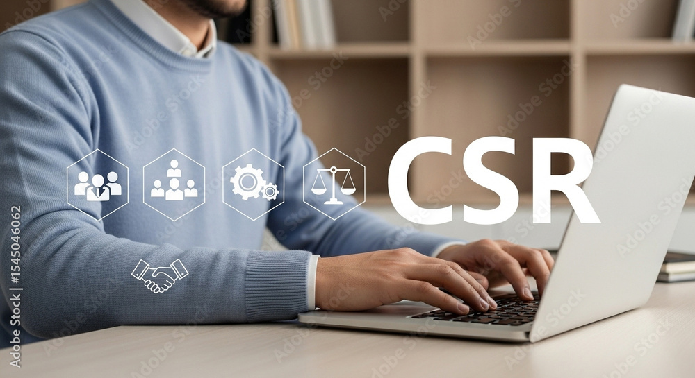 Poster Man typing on laptop with csr overlay and icons representing teamwork and ethical business practices shown
