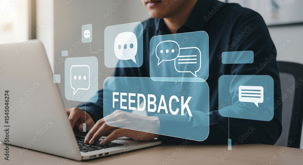 Aufkleber person typing on laptop with feedback and speech bubble icons overlayed on the screen display