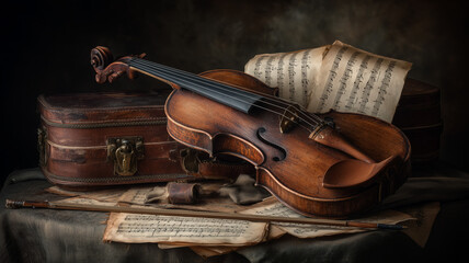 Fototapeta premium A still life of old violin cracked leather case and fading music sheets symbolizing family tradition with moody lighting real photo stock photography