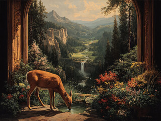 serene natural scene with a deer drinking water from a pool in a lush garden. The background features towering mountains and a cascading waterfall, creating a picturesque landscape.