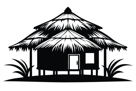 Tropical Hut Silhouette with Thatched Roof, Open Door, and Grass Detail Illustration