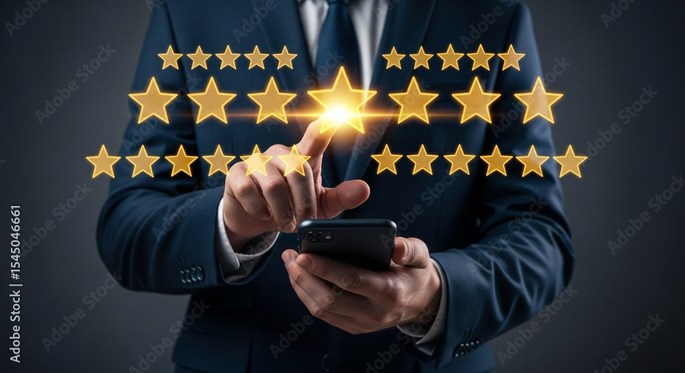 Poster person in suit interacting with glowing stars via smartphone interface for rating or feedback system