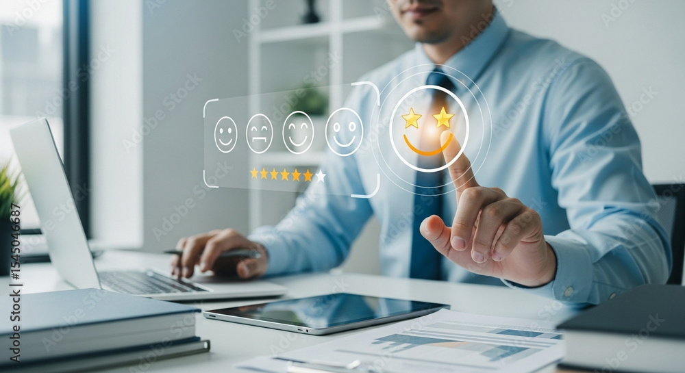 Poster Man selecting the best rating on a digital interface with laptop and tablet on a white office desk
