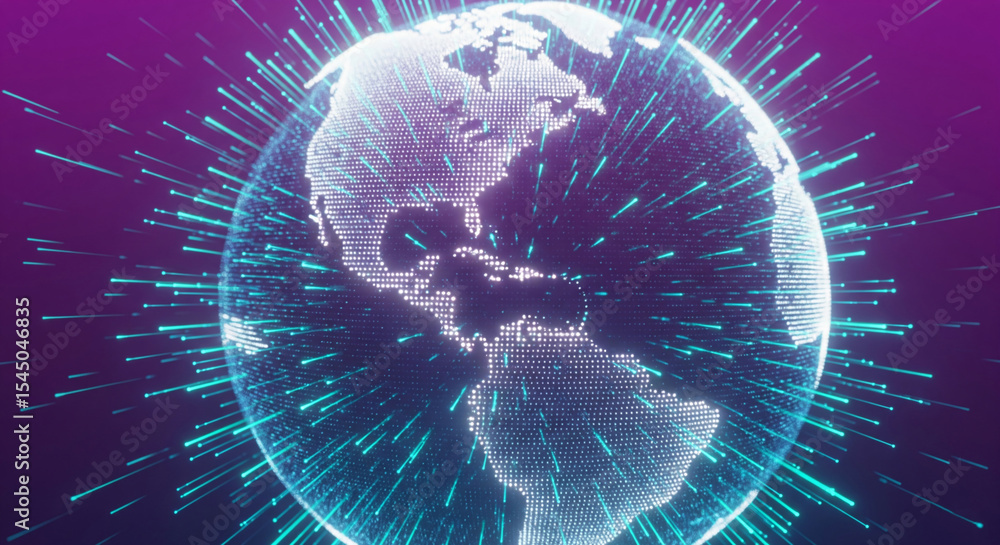 Poster digital globe with glowing lines radiating outwards, depicting global connectivity and data flow, sy