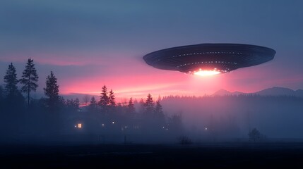Enigmatic UFO Hovering Over Forest at Sunset