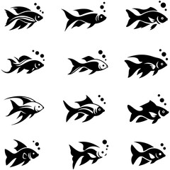 A vector set of benthic fish fauna, featuring the unique silhouettes of mysterious deep ocean floor dwellers