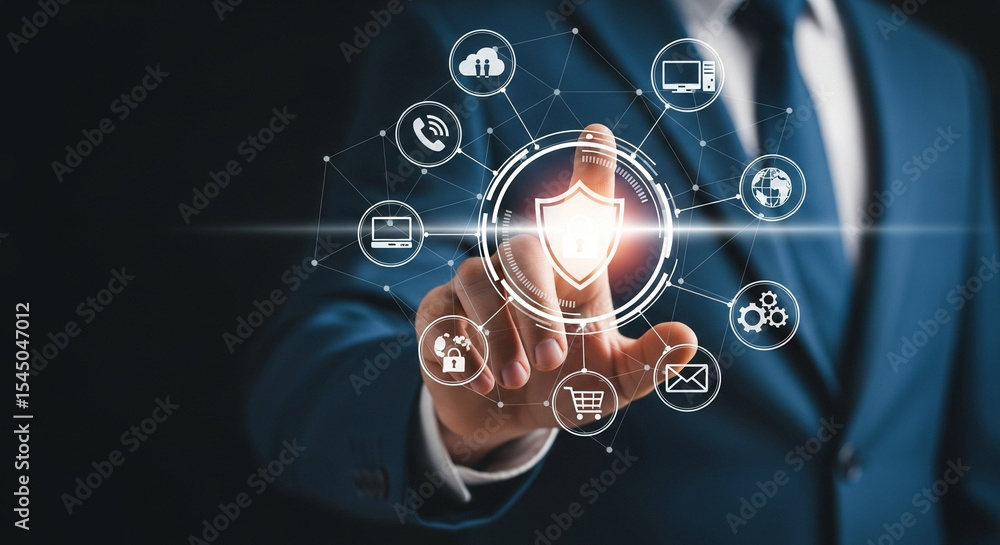 Poster a person in a suit pointing at a digital shield surrounded by technology icons in a dark setting
