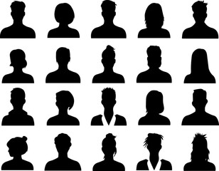 Male and female head silhouettes avatar, profile icons. Vector illustration silhouettes, set, bundle 