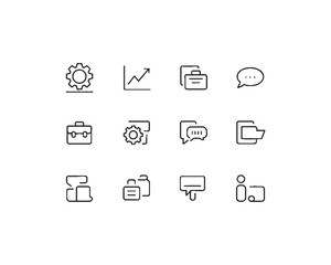 Business icon sets such as a graph trending upwards, a briefcase, a gear, a speech bubble, a briefcase, a gear symbol, a document with multiple pages, a locked folder.