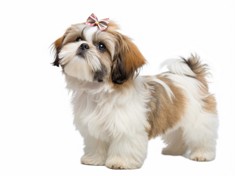 Cute fluffy shih tzu puppy with a bow isolated on transparent background