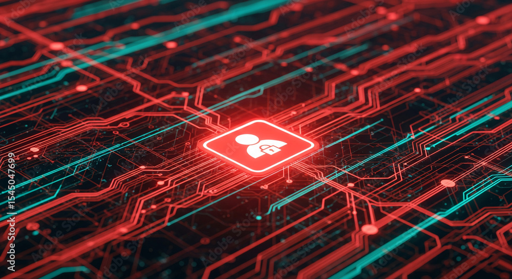 Poster abstract digital circuit board with glowing red and teal lines, showcasing a central red square icon
