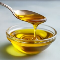 Golden oil drips from a spoon into a glass bowl, showcasing its rich texture and color, perfect for culinary delights.