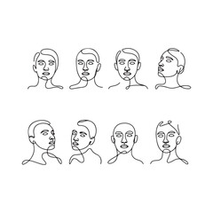 Eight abstract one line faces set isolated on white background