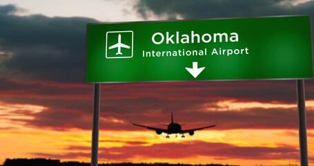 Plane landing in Oklahoma USA,  airport with signboard
