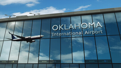Airplane landing at Oklahoma USA,  airport mirrored in terminal