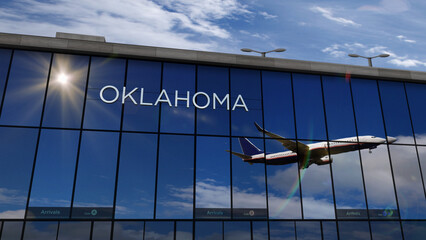 Airplane landing at Oklahoma USA,  airport mirrored in terminal