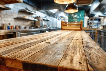 Empty Wooden Table in a Professional Restaurant Kitchen for Product Placement
