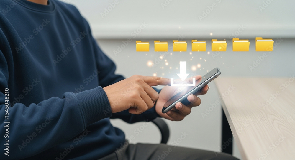 Poster person downloading files to a smartphone with folders and download icon displayed above the phone sc