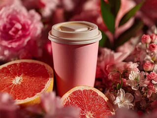 pink cup filled with a beverage placed on a surface surrounded by pink flowers and a slice of grapefruit.