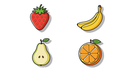 Fruits flat linear icons set. Strawberry, banana, pear and orange slice. Long shadow outline logo concepts. Vector line art illustrations