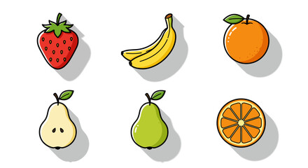 Fruits flat linear icons set. Strawberry, banana, pear and orange slice. Long shadow outline logo concepts. Vector line art illustrations