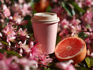 pink cup filled with a beverage placed on a surface surrounded by pink flowers and a slice of grapefruit.