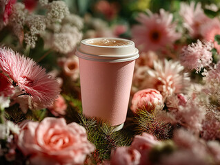 pink cup filled with a beverage placed on a surface surrounded by pink flowers and a slice of grapefruit.