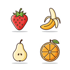 Fruits flat linear icons set. Strawberry, banana, pear and orange slice. Long shadow outline logo concepts. Vector line art illustrations