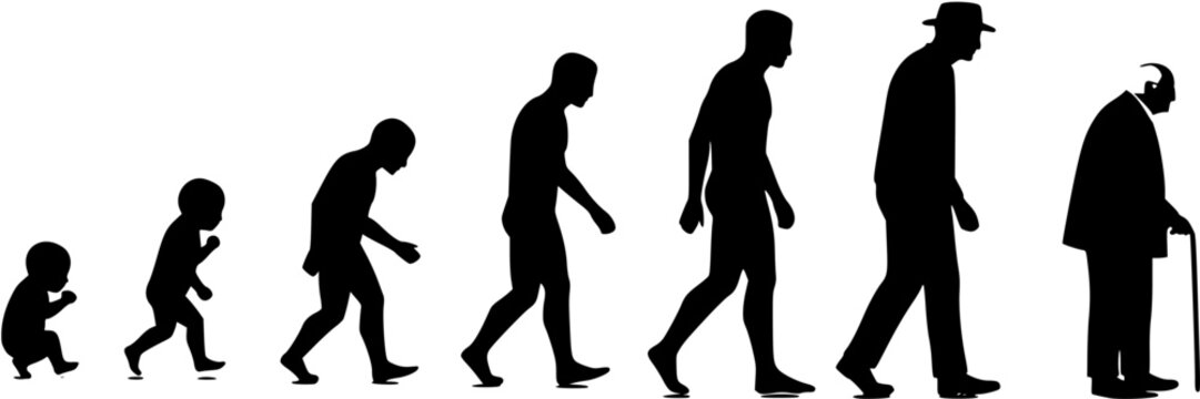 Life cycle of a man growing from birth to death life stages silhouette. Life cycles of man aging from a little baby to old senior man vector silhouette.