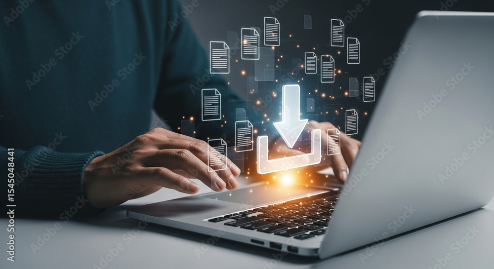 Poster person downloading files on a laptop with a glowing download icon and document icons floating around
