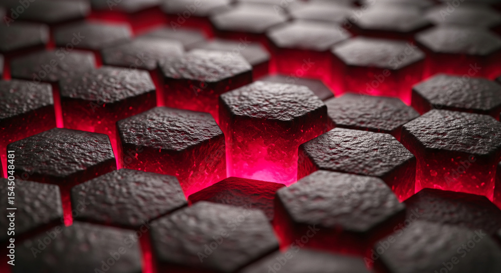 Poster Dark gray hexagonal blocks with red inner glow, creating a textured surface pattern, showcasing a futuristic or technological concept, ideal for abstract background