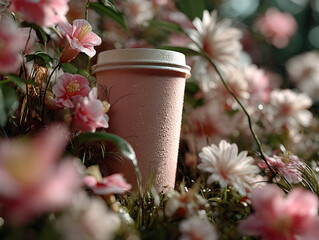 pink cup filled with a beverage placed on a surface surrounded by pink flowers and a slice of grapefruit.
