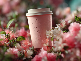 pink cup filled with a beverage placed on a surface surrounded by pink flowers and a slice of grapefruit.