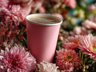 pink cup filled with a beverage placed on a surface surrounded by pink flowers and a slice of grapefruit.