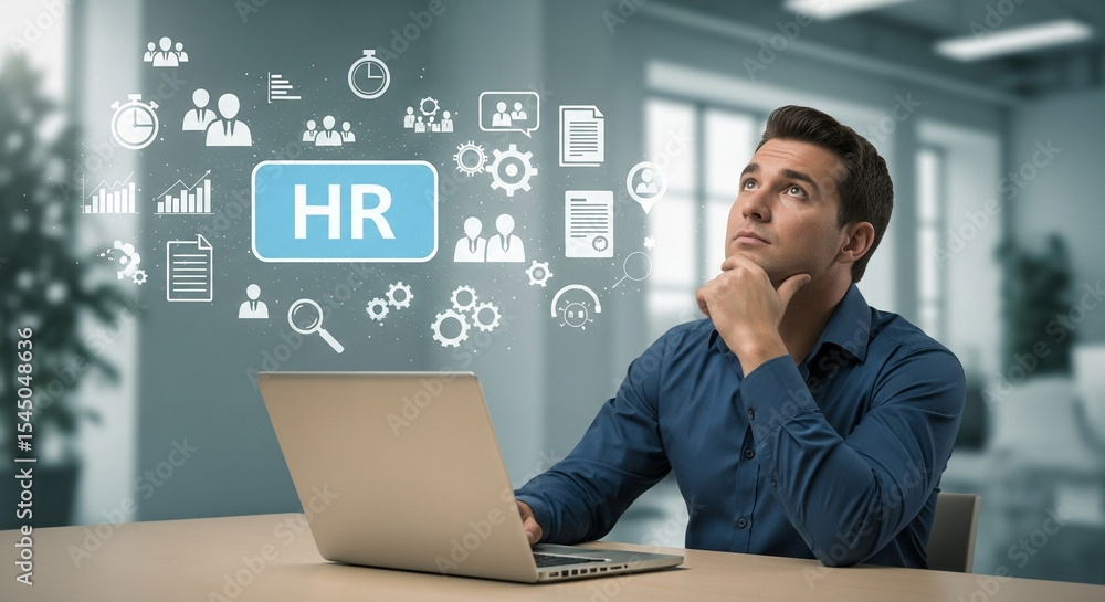 Poster Man at desk with laptop looking at hr icons floating above the computer in a modern office space