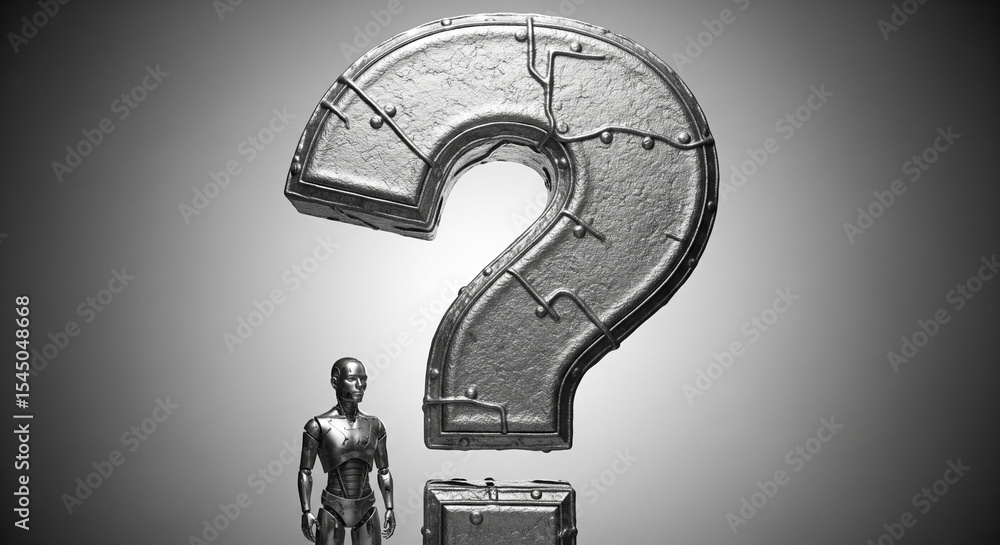 Poster metallic robot stands beside large question mark, creating a futuristic, inquisitive scene suitable 