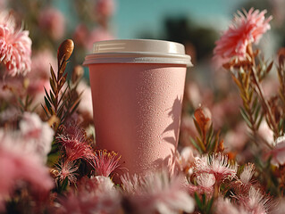 pink cup filled with a beverage placed on a surface surrounded by pink flowers and a slice of grapefruit.