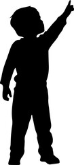 Black silhouette of little boy pointing to sky. Vector illustration