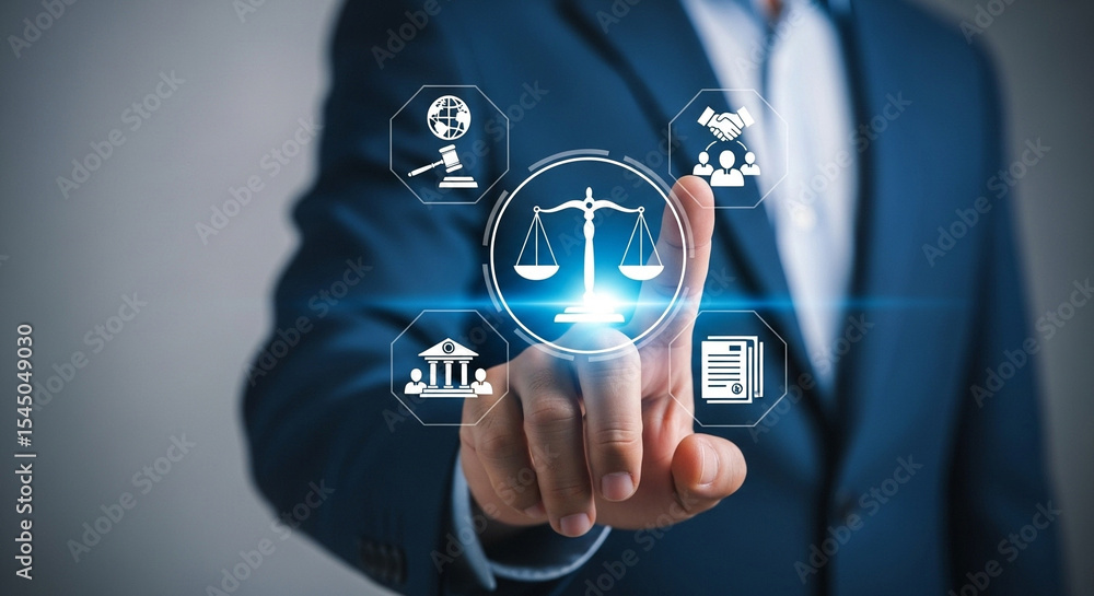 Poster a person in a suit pointing to legal icons including scales of justice and document symbols on scree