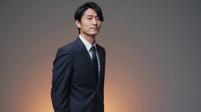Confident Japanese Consultant Offering Handshake with Assured Nod against Orange Gradient