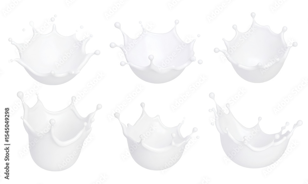 Poster milk splash white liquid isolated on transparent background set of six dynamic motion realistic fres